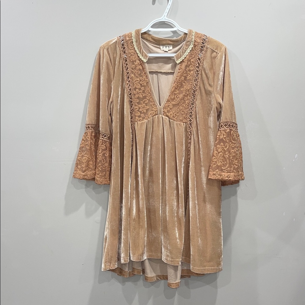 POL Velvet Embroidered Tunic in Light Camel